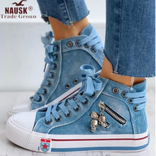 Load image into Gallery viewer, Vulcanize Shoes Women Canvas Chic High Top Denim Leisure Footwear Womens All-match Flat Zipper Walkin Korean Ladies Breathable