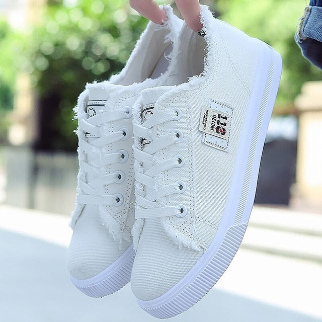 White canvas shoes Women Sneakers Flat Girl 12-18 years old Casual Female Summer Lace Up Large size 35-42 Zapatos Mujer